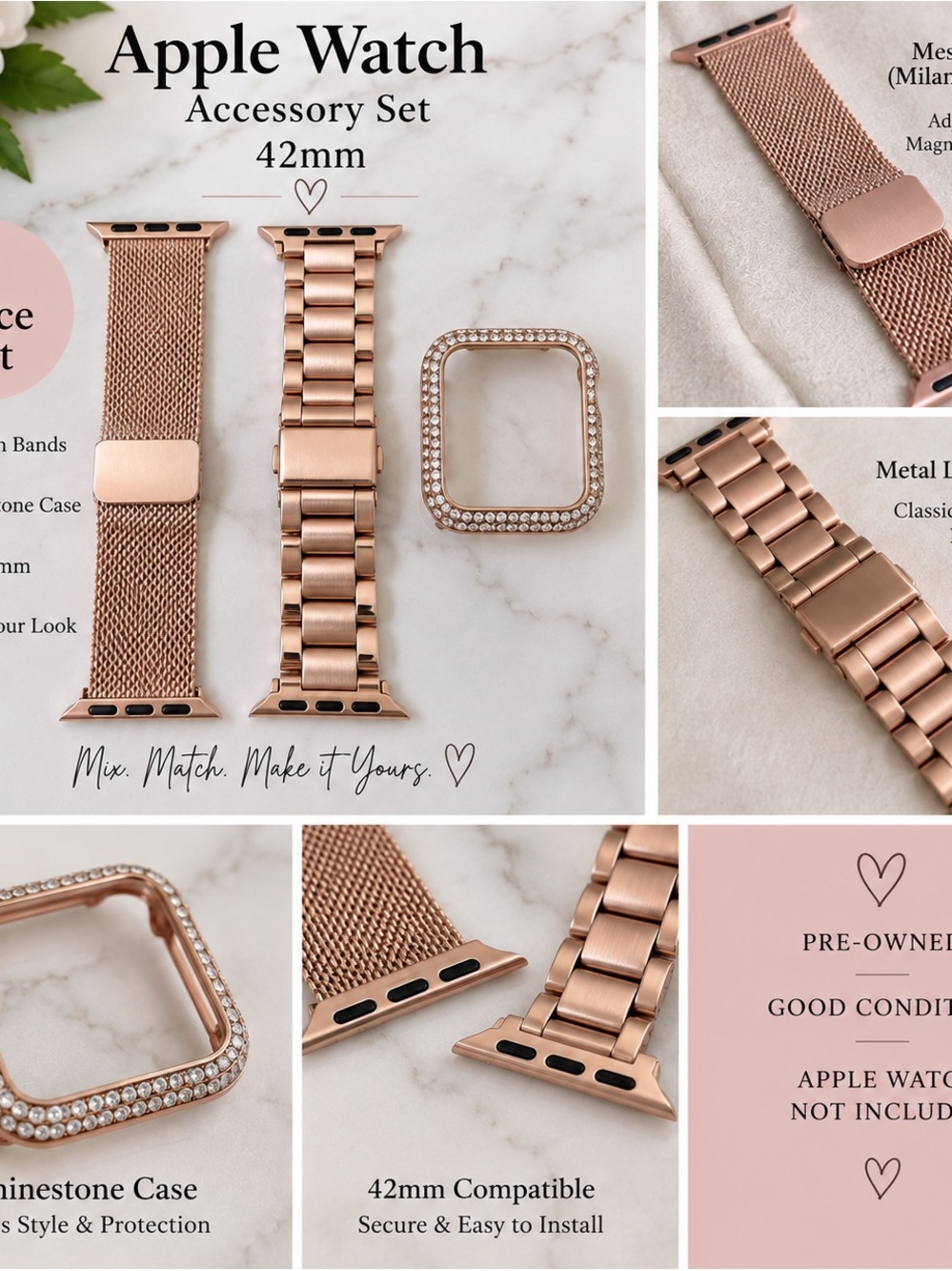 Rose Gold Apple Watch 42mm Band Set + Rhinestone Case – 3 Pieces